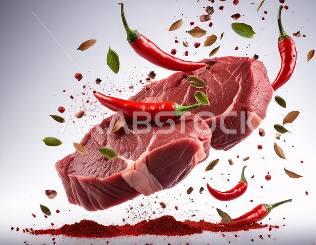 Main food ingredients ready to cook, fresh raw beef piece with spices, herbs and chili pepper, marinated red lamb meat, food and health products, white background