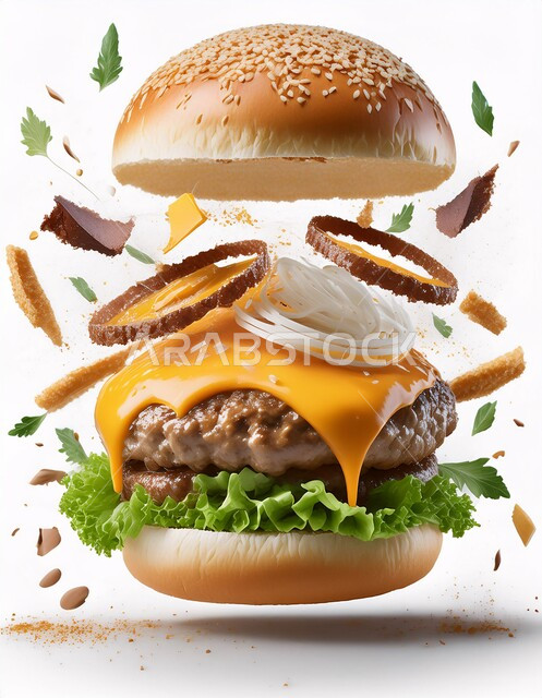 ساندوتش البرجر المتطاير بقطع اللحم المشوية وشرائح الجبن الذائبة مع الخضراوات الطازجة, وصفة الهمبرجر اللذيذة، وجبات ومأكولات سريعة في المملكة العربية السعودية، الأطعمة الجاهزة الغير صحية، خلفية بيضاء