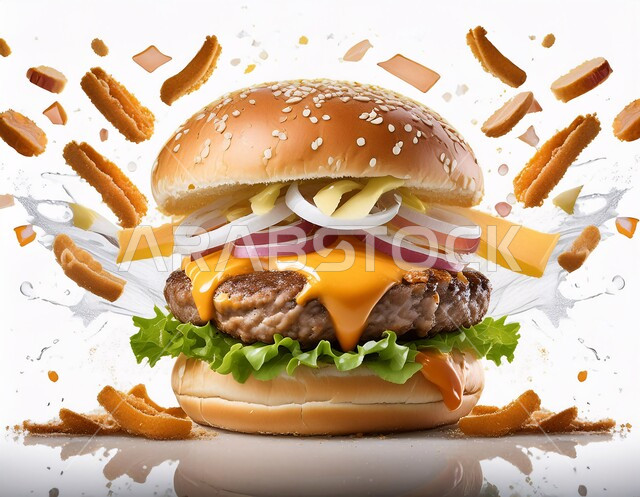ساندوتش البرجر المتطاير بقطع اللحم المشوية وشرائح الجبن الذائبة مع الخضراوات الطازجة, وصفة الهمبرجر اللذيذة، وجبات ومأكولات سريعة في المملكة العربية السعودية، الأطعمة الجاهزة الغير صحية، خلفية بيضاء