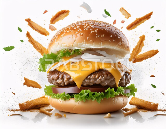 Flying burger sandwich with grilled beef pieces and melted cheese slices with fresh vegetables, delicious hamburger recipe, fast food and meals in Saudi Arabia, unhealthy ready-made foods, white background