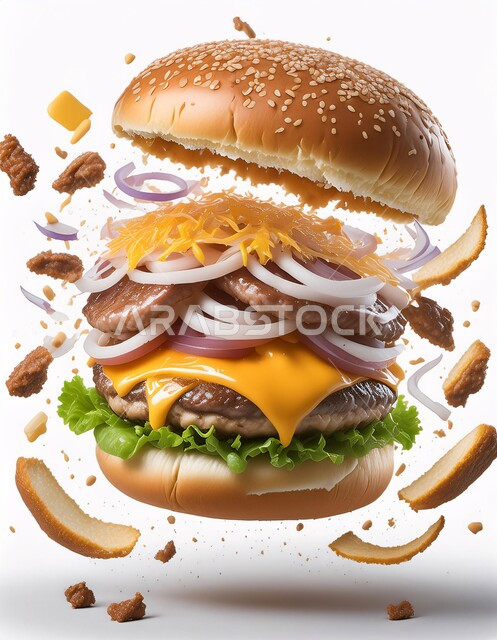 ساندوتش البرجر المتطاير بقطع اللحم المشوية وشرائح الجبن الذائبة مع الخضراوات الطازجة, وصفة الهمبرجر اللذيذة، وجبات ومأكولات سريعة في المملكة العربية السعودية، الأطعمة الجاهزة الغير صحية، خلفية بيضاء