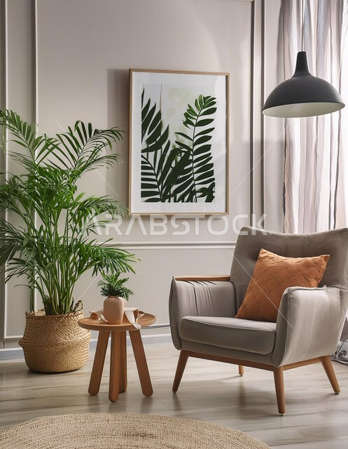 الاهتمام بنباتات الزينة الخضراء، التصاميم الداخلية لغرف الجلوس على الطراز الحديث، غرفة معيشة مع أثاث منزلي فاخر باللون البيج، تحف واكسسوارات فاخرة، طاولة صغيرة بجانب اريكة مريحة، فن الهندسة المعمارية والديكور الداخلي في الفلل والشقق السكنية