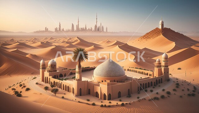 الفن الهندسي المعماري لمسجد وسط التلال والكثبان الرملية، القبب و المآذن على الطراز الإسلامي العصري الحديث، العباده والتقرب إلى الله، دعوة المسلمين إلى الصلاه وأداء الفرائض الدينية, أماكن اسلامية مقدسة، خلفية المناطق الصحرواية