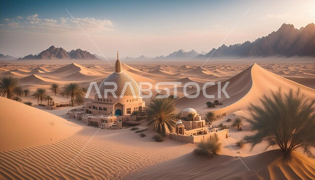 الفن الهندسي المعماري لمسجد وسط التلال والكثبان الرملية، القبب و المآذن على الطراز الإسلامي العصري الحديث، العباده والتقرب إلى الله، دعوة المسلمين إلى الصلاه وأداء الفرائض الدينية, أماكن اسلامية مقدسة، خلفية المناطق الصحرواية