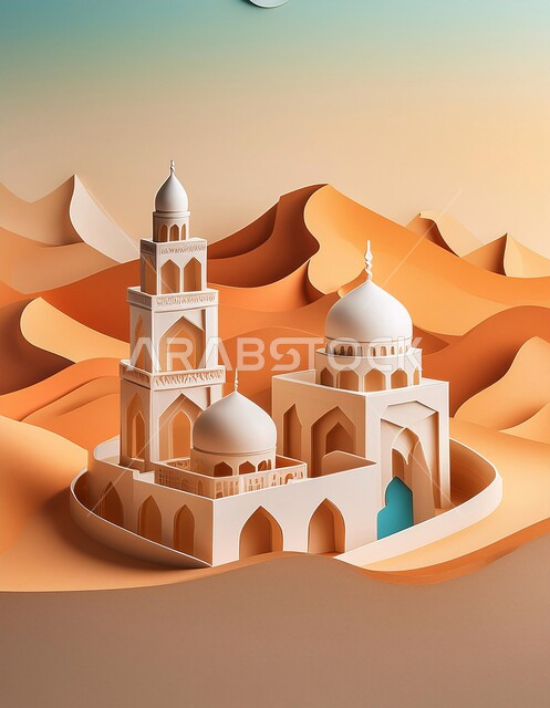 الفن الهندسي المعماري لمسجد وسط التلال والكثبان الرملية، القبب و المآذن على الطراز الإسلامي العصري الحديث، العباده والتقرب إلى الله، دعوة المسلمين إلى الصلاه وأداء الفرائض الدينية, أماكن اسلامية مقدسة، خلفية المناطق الصحرواية