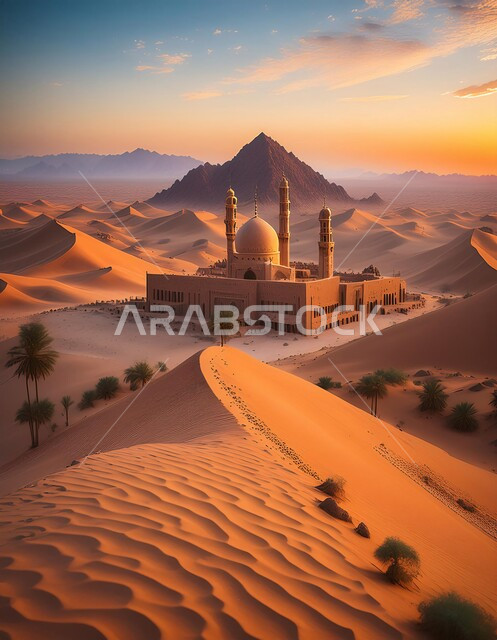 الفن الهندسي المعماري لمسجد وسط التلال والكثبان الرملية، القبب و المآذن على الطراز الإسلامي العصري الحديث، العباده والتقرب إلى الله، دعوة المسلمين إلى الصلاه وأداء الفرائض الدينية, أماكن اسلامية مقدسة، خلفية المناطق الصحرواية