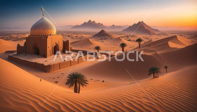 الفن الهندسي المعماري لمسجد وسط التلال والكثبان الرملية، القبب و المآذن على الطراز الإسلامي العصري الحديث، العباده والتقرب إلى الله، دعوة المسلمين إلى الصلاه وأداء الفرائض الدينية, أماكن اسلامية مقدسة، خلفية المناطق الصحرواية