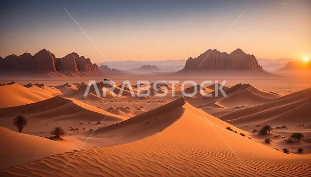 مناطق البادية والبيئة الطبيعية الصحراوية وقت غروب الشمس، التلال والهضاب من الرمال الناعمة، التكوينات والتشكلات الرملية في صحراء المملكة العربية السعودية، التضاريس و المرتفعات والقمم الجبلية في البراري، خلفية الطبيعة