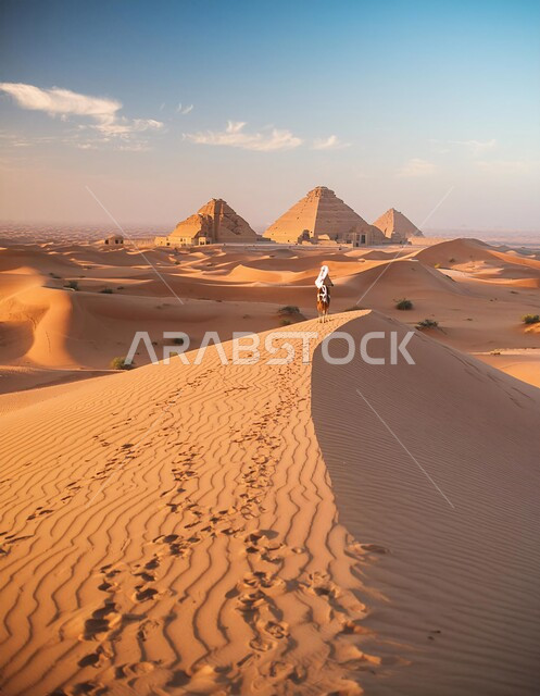 مناطق البادية والبيئة الطبيعية الصحراوية وقت غروب الشمس، التلال والهضاب من الرمال الناعمة، التكوينات والتشكلات الرملية في صحراء المملكة العربية السعودية، التضاريس و المرتفعات والقمم الجبلية في البراري، خلفية الطبيعة