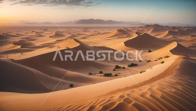  التضاريس و المرتفعات والقمم الجبلية في البراري، مناطق البادية والبيئة الطبيعية الصحراوية وقت غروب الشمس، التلال والهضاب من الرمال الناعمة، التكوينات والتشكلات الرملية في صحراء المملكة العربية السعودية، خلفية الطبيعة