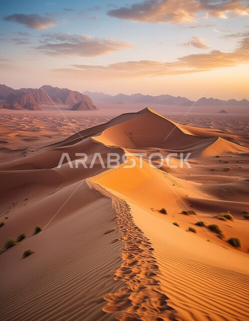  التضاريس و المرتفعات والقمم الجبلية في البراري، مناطق البادية والبيئة الطبيعية الصحراوية وقت غروب الشمس، التلال والهضاب من الرمال الناعمة، التكوينات والتشكلات الرملية في صحراء المملكة العربية السعودية، خلفية الطبيعة