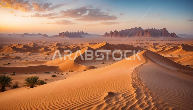  التضاريس و المرتفعات والقمم الجبلية في البراري، مناطق البادية والبيئة الطبيعية الصحراوية وقت غروب الشمس، التلال والهضاب من الرمال الناعمة، التكوينات والتشكلات الرملية في صحراء المملكة العربية السعودية، خلفية الطبيعة