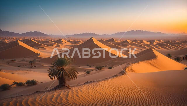  التضاريس و المرتفعات والقمم الجبلية في البراري، مناطق البادية والبيئة الطبيعية الصحراوية وقت غروب الشمس، التلال والهضاب من الرمال الناعمة، التكوينات والتشكلات الرملية في صحراء المملكة العربية السعودية، خلفية الطبيعة