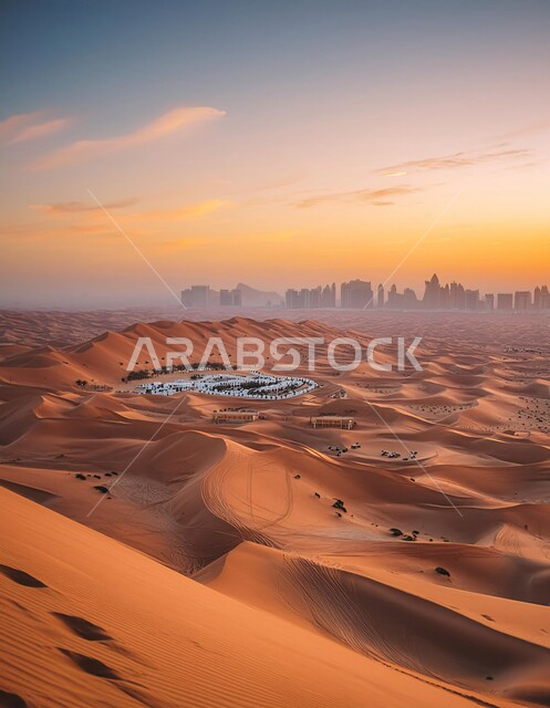 مناطق البادية والبيئة الطبيعية الصحراوية وقت غروب الشمس، التلال والهضاب من الرمال الناعمة، التكوينات والتشكلات الرملية في صحراء المملكة العربية السعودية، التضاريس و المرتفعات والقمم الجبلية في البراري، خلفية الطبيعة