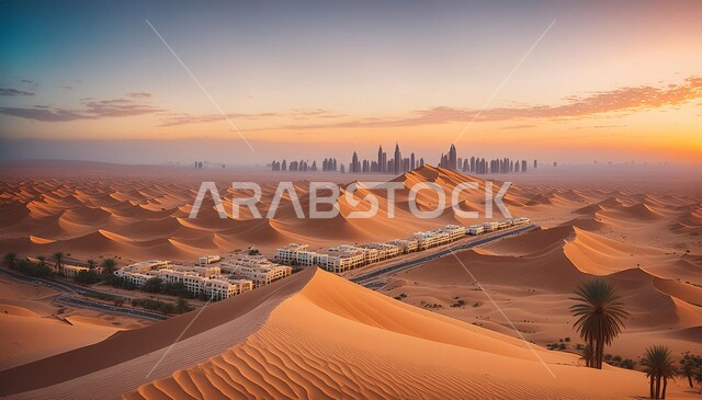 مناطق البادية والبيئة الطبيعية الصحراوية وقت غروب الشمس، التلال والهضاب من الرمال الناعمة، التكوينات والتشكلات الرملية في صحراء المملكة العربية السعودية، التضاريس و المرتفعات والقمم الجبلية في البراري، خلفية الطبيعة