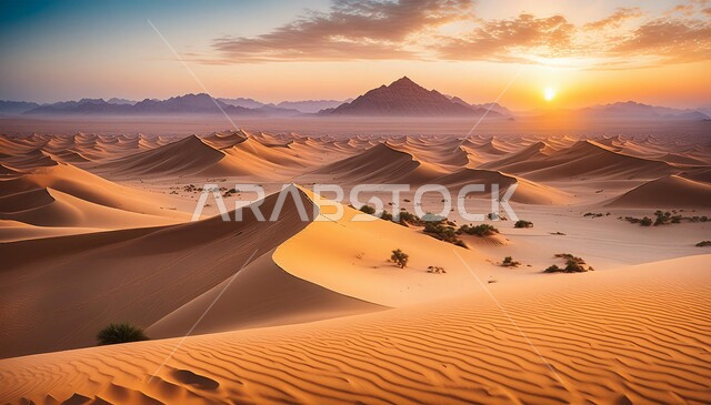 مناطق البادية والبيئة الطبيعية الصحراوية وقت غروب الشمس، التلال والهضاب من الرمال الناعمة، التكوينات والتشكلات الرملية في صحراء المملكة العربية السعودية، التضاريس و المرتفعات والقمم الجبلية في البراري، خلفية الطبيعة