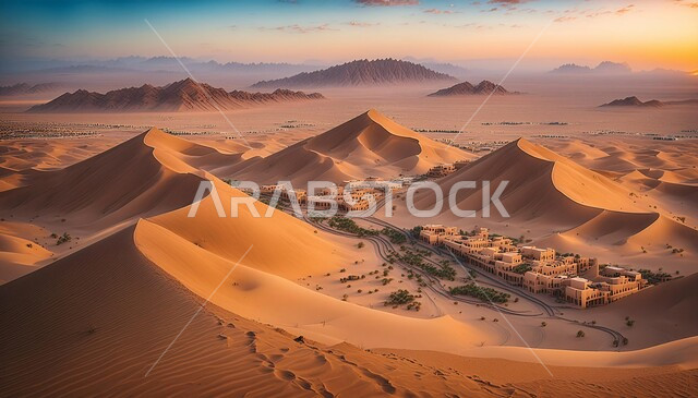 مناطق البادية والبيئة الطبيعية الصحراوية وقت غروب الشمس، التلال والهضاب من الرمال الناعمة، التكوينات والتشكلات الرملية في صحراء المملكة العربية السعودية، التضاريس و المرتفعات والقمم الجبلية في البراري، خلفية الطبيعة