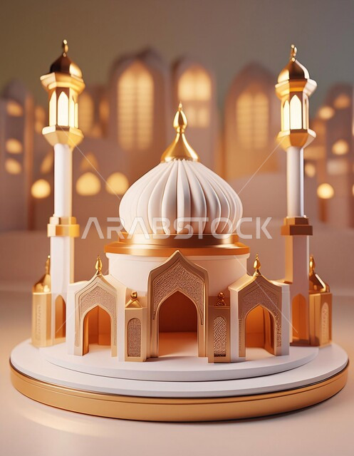  الاعياد والمناسبات الدينية، العبادة والتقرب الى الله في شهر رمضان المبارك، أجواء رمضانية روحانية، بطاقة تهنئة المسلمين بقدوم العيد، ديكورات وزينة وتصاميم اسلامية دينية فاخرة، مجسم ثلاثي الابعاد لمسجد على الطراز الاسلامي، خلفية اسلامية