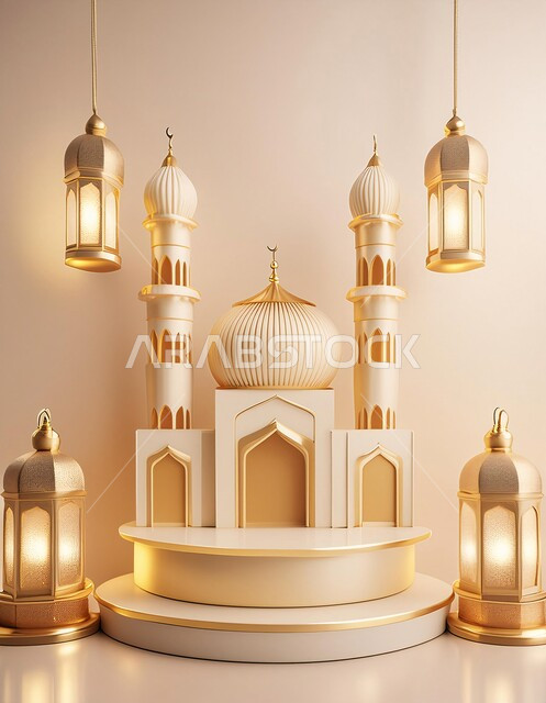 Holidays and religious occasions, worship and drawing closer to God in the holy month of Ramadan, spiritual Ramadan atmosphere, greeting card for Muslims on the occasion of Eid, luxurious Islamic religious decorations, ornaments and designs, 3D model of a mosque in the Islamic style, Islamic background