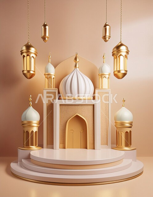  الاعياد والمناسبات الدينية، العبادة والتقرب الى الله في شهر رمضان المبارك، أجواء رمضانية روحانية، بطاقة تهنئة المسلمين بقدوم العيد، ديكورات وزينة وتصاميم اسلامية دينية فاخرة، مجسم ثلاثي الابعاد لمسجد على الطراز الاسلامي، خلفية اسلامية