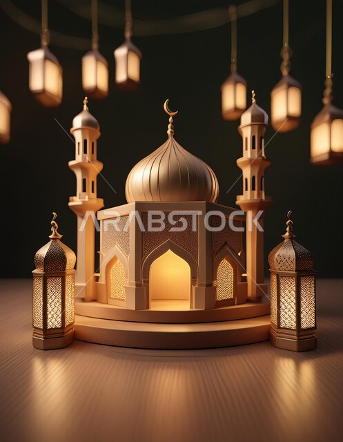 Holidays and religious occasions, worship and drawing closer to God in the holy month of Ramadan, spiritual Ramadan atmosphere, greeting card for Muslims on the occasion of Eid, luxurious Islamic religious decorations, ornaments and designs, 3D model of a mosque in the Islamic style, Islamic background