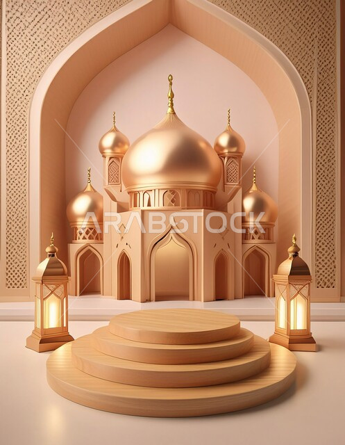 Holidays and religious occasions, worship and drawing closer to God in the holy month of Ramadan, spiritual Ramadan atmosphere, greeting card for Muslims on the occasion of Eid, luxurious Islamic religious decorations, ornaments and designs, 3D model of a mosque in the Islamic style, Islamic background