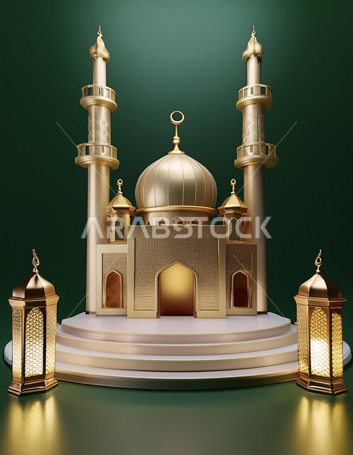 مجسم ثلاثي الابعاد لمسجد على الطراز الاسلامي، الاعياد والمناسبات الدينية، العبادة والتقرب الى الله في شهر رمضان المبارك، أجواء رمضانية روحانية، بطاقة تهنئة المسلمين بقدوم العيد، ديكورات وزينة وتصاميم اسلامية دينية فاخرة، خلفية اسلامية