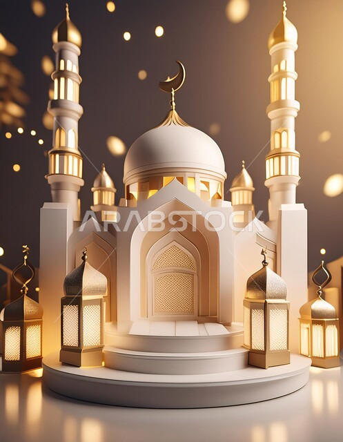 مجسم ثلاثي الابعاد لمسجد على الطراز الاسلامي، الاعياد والمناسبات الدينية، العبادة والتقرب الى الله في شهر رمضان المبارك، أجواء رمضانية روحانية، بطاقة تهنئة المسلمين بقدوم العيد، ديكورات وزينة وتصاميم اسلامية دينية فاخرة، خلفية اسلامية