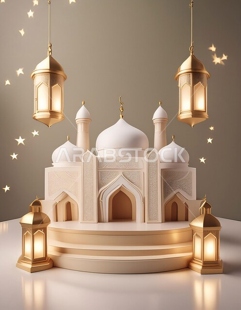 مجسم ثلاثي الابعاد لمسجد على الطراز الاسلامي، الاعياد والمناسبات الدينية، العبادة والتقرب الى الله في شهر رمضان المبارك، أجواء رمضانية روحانية، بطاقة تهنئة المسلمين بقدوم العيد، ديكورات وزينة وتصاميم اسلامية دينية فاخرة، خلفية اسلامية