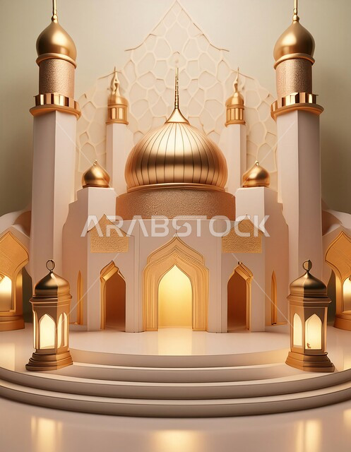 مجسم ثلاثي الابعاد لمسجد على الطراز الاسلامي، الاعياد والمناسبات الدينية، العبادة والتقرب الى الله في شهر رمضان المبارك، أجواء رمضانية روحانية، بطاقة تهنئة المسلمين بقدوم العيد، ديكورات وزينة وتصاميم اسلامية دينية فاخرة، خلفية اسلامية