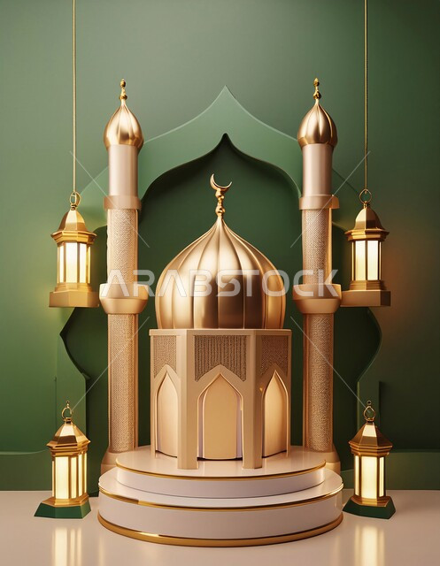 مجسم ثلاثي الابعاد لمسجد على الطراز الاسلامي، الاعياد والمناسبات الدينية، العبادة والتقرب الى الله في شهر رمضان المبارك، أجواء رمضانية روحانية، بطاقة تهنئة المسلمين بقدوم العيد، ديكورات وزينة وتصاميم اسلامية دينية فاخرة، خلفية اسلامية