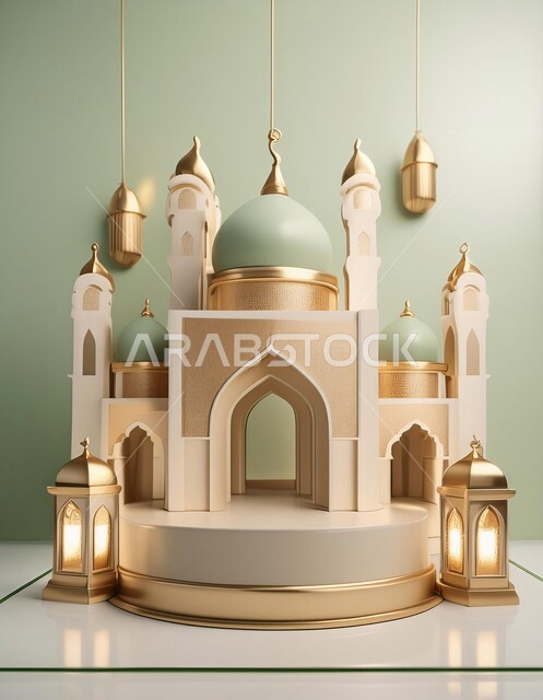 3D model of an Islamic style mosque, religious holidays and occasions, worship and getting closer to God in the holy month of Ramadan, spiritual Ramadan atmosphere, greeting card for Muslims on the occasion of Eid, luxurious Islamic religious decorations, ornaments and designs, Islamic background