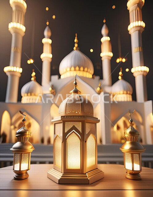 ديكورات وزينة وتصاميم اسلامية دينية فاخرة، مجسم ثلاثي الابعاد لمسجد على الطراز الاسلامي، الاعياد والمناسبات الدينية، العبادة والتقرب الى الله في شهر رمضان المبارك، أجواء رمضانية روحانية، بطاقة تهنئة المسلمين بقدوم العيد، خلفية اسلامية
