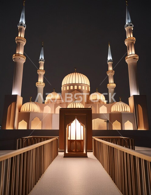 ديكورات وزينة وتصاميم اسلامية دينية فاخرة، مجسم ثلاثي الابعاد لمسجد على الطراز الاسلامي، الاعياد والمناسبات الدينية، العبادة والتقرب الى الله في شهر رمضان المبارك، أجواء رمضانية روحانية، بطاقة تهنئة المسلمين بقدوم العيد، خلفية اسلامية