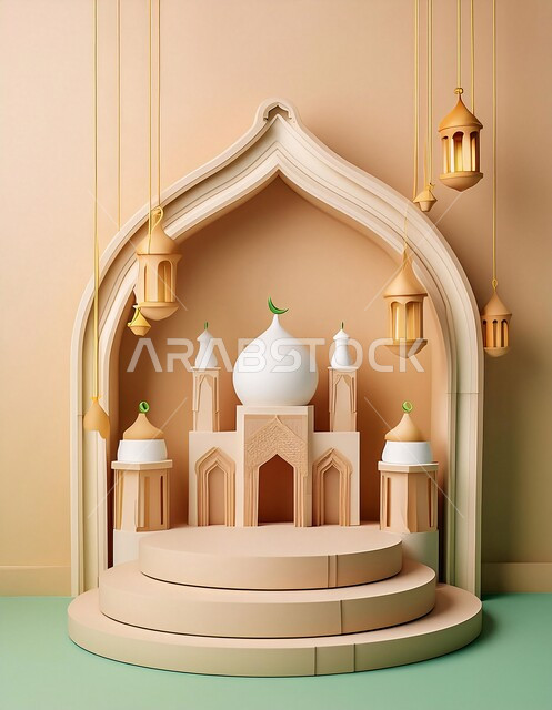 ديكورات وزينة وتصاميم اسلامية دينية فاخرة، مجسم ثلاثي الابعاد لمسجد على الطراز الاسلامي، الاعياد والمناسبات الدينية، العبادة والتقرب الى الله في شهر رمضان المبارك، أجواء رمضانية روحانية، بطاقة تهنئة المسلمين بقدوم العيد، خلفية اسلامية