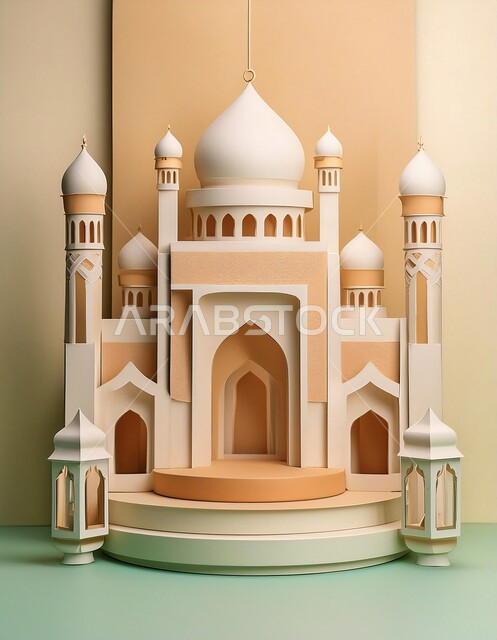 ديكورات وزينة وتصاميم اسلامية دينية فاخرة، مجسم ثلاثي الابعاد لمسجد على الطراز الاسلامي، الاعياد والمناسبات الدينية، العبادة والتقرب الى الله في شهر رمضان المبارك، أجواء رمضانية روحانية، بطاقة تهنئة المسلمين بقدوم العيد، خلفية اسلامية