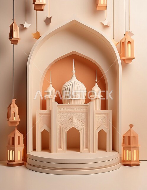 ديكورات وزينة وتصاميم اسلامية دينية فاخرة، مجسم ثلاثي الابعاد لمسجد على الطراز الاسلامي، الاعياد والمناسبات الدينية، العبادة والتقرب الى الله في شهر رمضان المبارك، أجواء رمضانية روحانية، بطاقة تهنئة المسلمين بقدوم العيد، خلفية اسلامية