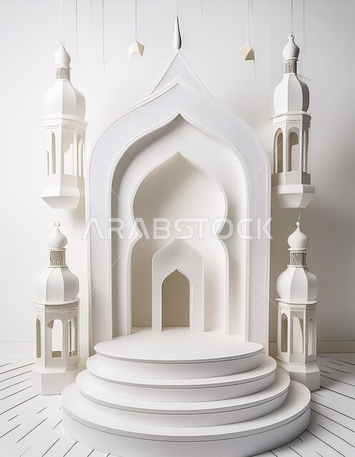 العبادة والتقرب الى الله تعالى, الديكورات العصرية على الطراز الحديث لبناء المساجد, مجسم ثلاثي الابعاد لجامع باللون الأبيض, أجواء روحانية إسلامية, المعالم الإسلامية المقدسة، مقصد المسلمين لأداء الصلوات، خلفية بيضاء