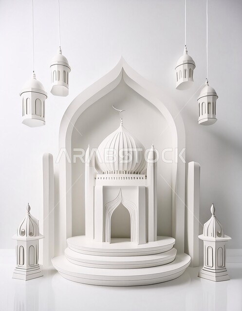 الديكورات العصرية على الطراز الحديث لبناء المساجد, العبادة والتقرب الى الله تعالى, مجسم ثلاثي الابعاد لجامع باللون الأبيض, أجواء روحانية إسلامية, المعالم الإسلامية المقدسة، مقصد المسلمين لأداء الصلوات، خلفية بيضاء
