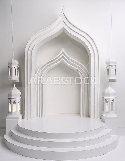 العبادة والتقرب الى الله تعالى, الديكورات العصرية على الطراز الحديث لبناء المساجد, مجسم ثلاثي الابعاد لجامع باللون الأبيض, أجواء روحانية إسلامية, المعالم الإسلامية المقدسة، مقصد المسلمين لأداء الصلوات، خلفية بيضاء