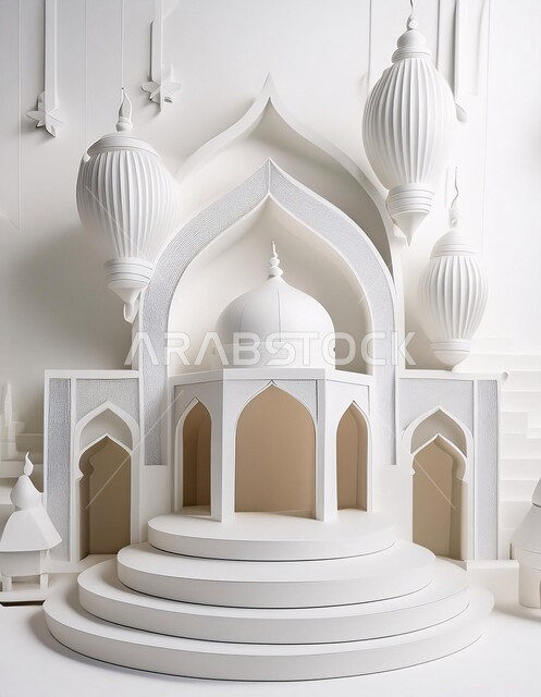 الديكورات العصرية على الطراز الحديث لبناء المساجد, العبادة والتقرب الى الله تعالى, مجسم ثلاثي الابعاد لجامع باللون الأبيض, أجواء روحانية إسلامية, المعالم الإسلامية المقدسة، مقصد المسلمين لأداء الصلوات، خلفية بيضاء