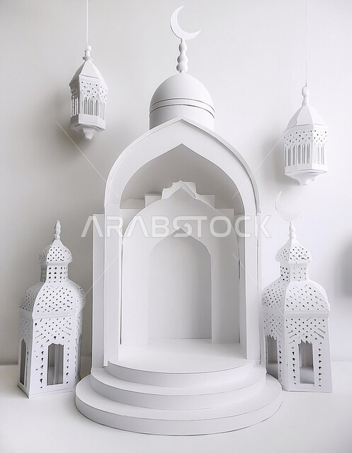 العبادة والتقرب الى الله تعالى, الديكورات العصرية على الطراز الحديث لبناء المساجد, مجسم ثلاثي الابعاد لجامع باللون الأبيض, أجواء روحانية إسلامية, المعالم الإسلامية المقدسة، مقصد المسلمين لأداء الصلوات، خلفية بيضاء