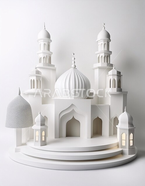 العبادة والتقرب الى الله تعالى, الديكورات العصرية على الطراز الحديث لبناء المساجد, مجسم ثلاثي الابعاد لجامع باللون الأبيض, أجواء روحانية إسلامية, المعالم الإسلامية المقدسة، مقصد المسلمين لأداء الصلوات، خلفية بيضاء