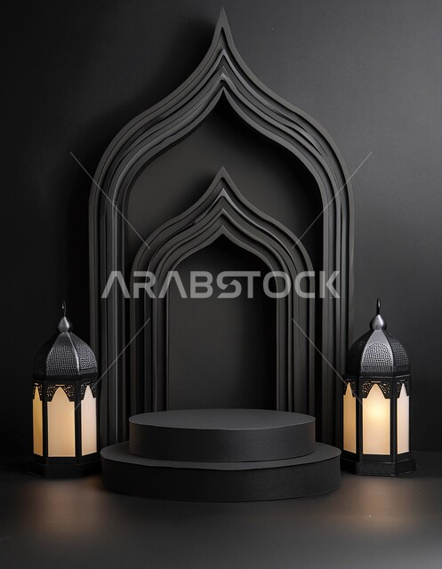 مجسم ثلاثي الابعاد لجامع باللون الأسود, الديكورات العصرية على الطراز الحديث لبناء المساجد, أجواء روحانية إسلامية, المعالم الإسلامية المقدسة، مقصد المسلمين لأداء الصلوات، العبادة والتقرب الى الله تعالى, خلفية سوداء