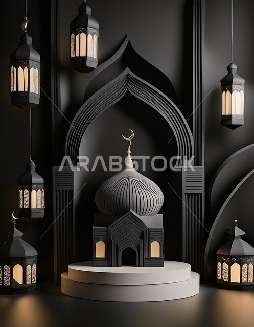مجسم ثلاثي الابعاد لجامع باللون الأسود, الديكورات العصرية على الطراز الحديث لبناء المساجد, أجواء روحانية إسلامية, المعالم الإسلامية المقدسة، مقصد المسلمين لأداء الصلوات، العبادة والتقرب الى الله تعالى, خلفية سوداء