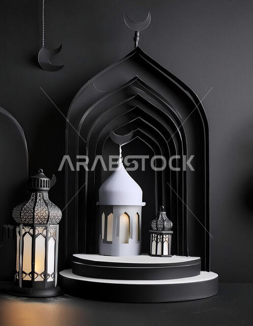 مجسم ثلاثي الابعاد لجامع باللون الأسود, الديكورات العصرية على الطراز الحديث لبناء المساجد, أجواء روحانية إسلامية, المعالم الإسلامية المقدسة، مقصد المسلمين لأداء الصلوات، العبادة والتقرب الى الله تعالى, خلفية سوداء