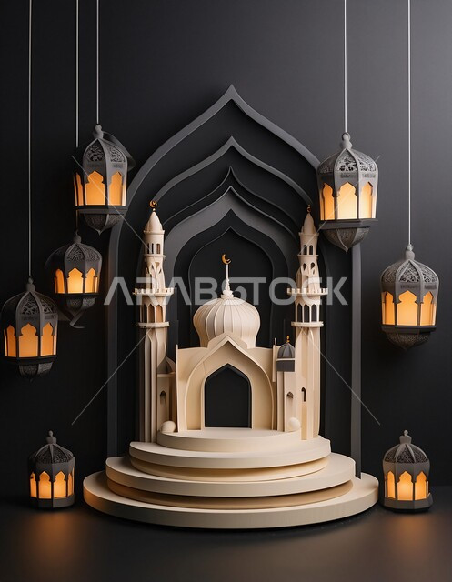  مجسم ثلاثي الابعاد لجامع باللون الأسود, الديكورات العصرية على الطراز الحديث لبناء المساجد, أجواء روحانية إسلامية, المعالم الإسلامية المقدسة، مقصد المسلمين لأداء الصلوات، العبادة والتقرب الى الله تعالى, خلفية سوداء