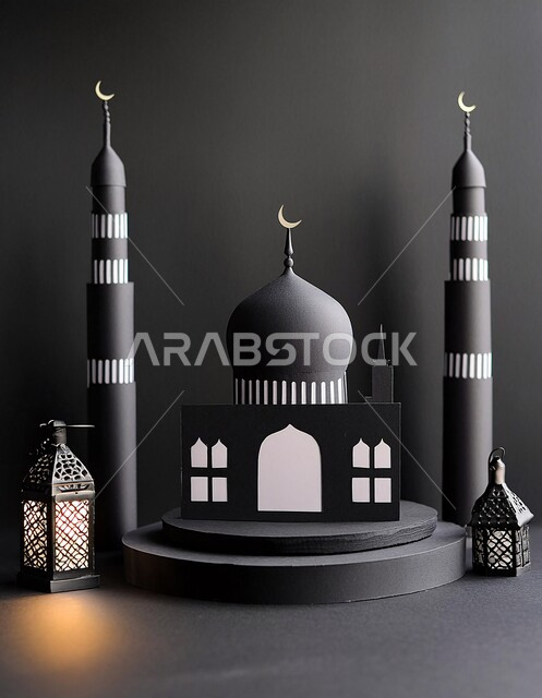 مجسم ثلاثي الابعاد لجامع باللون الأسود, الديكورات العصرية على الطراز الحديث لبناء المساجد, أجواء روحانية إسلامية, المعالم الإسلامية المقدسة، مقصد المسلمين لأداء الصلوات، العبادة والتقرب الى الله تعالى, خلفية سوداء