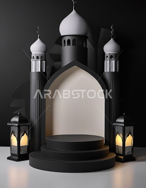 الديكورات العصرية على الطراز الحديث لبناء المساجد, مجسم ثلاثي الابعاد لجامع باللون الأسود, أجواء روحانية إسلامية, المعالم الإسلامية المقدسة، مقصد المسلمين لأداء الصلوات، العبادة والتقرب الى الله تعالى, خلفية سوداء