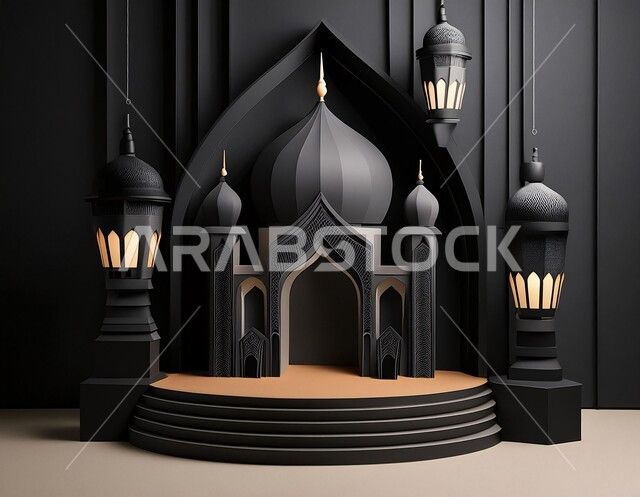 الديكورات العصرية على الطراز الحديث لبناء المساجد, مجسم ثلاثي الابعاد لجامع باللون الأسود, أجواء روحانية إسلامية, المعالم الإسلامية المقدسة، مقصد المسلمين لأداء الصلوات، العبادة والتقرب الى الله تعالى, خلفية سوداء